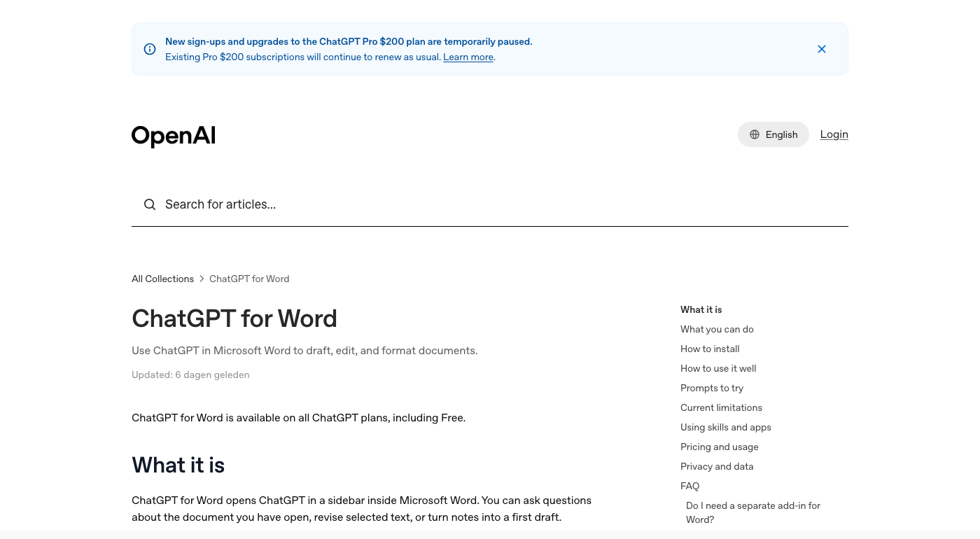 Helppagina van OpenAI over ChatGPT for Word, de zijbalk in Microsoft Word