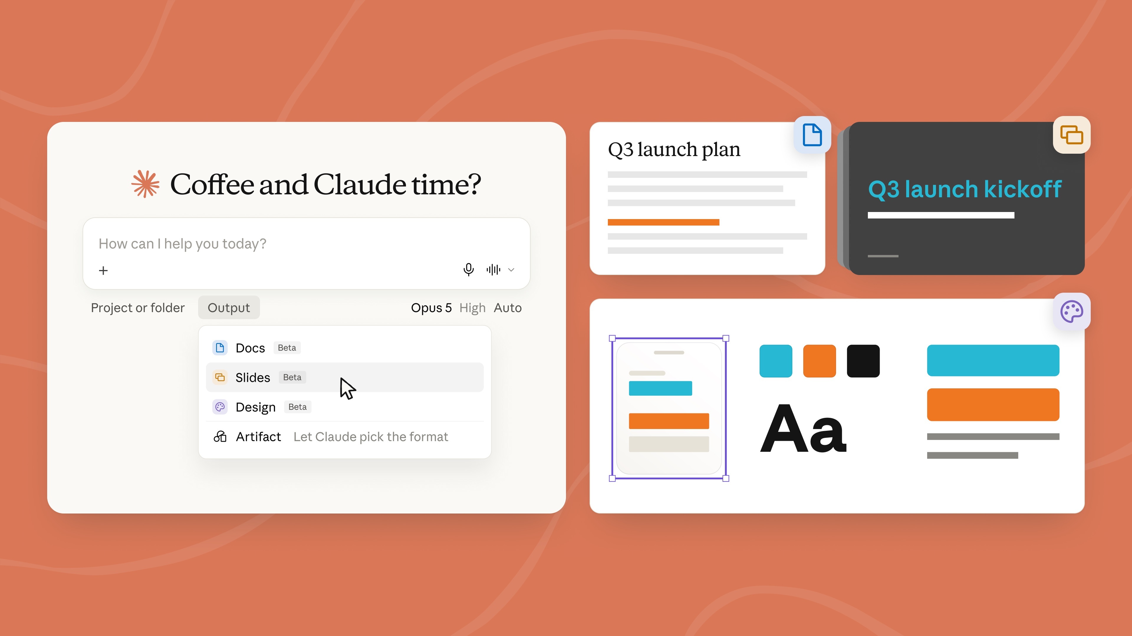 Claude-interface met de nieuwe uitvoerkeuze Docs, Slides en Design naast een document en een presentatie