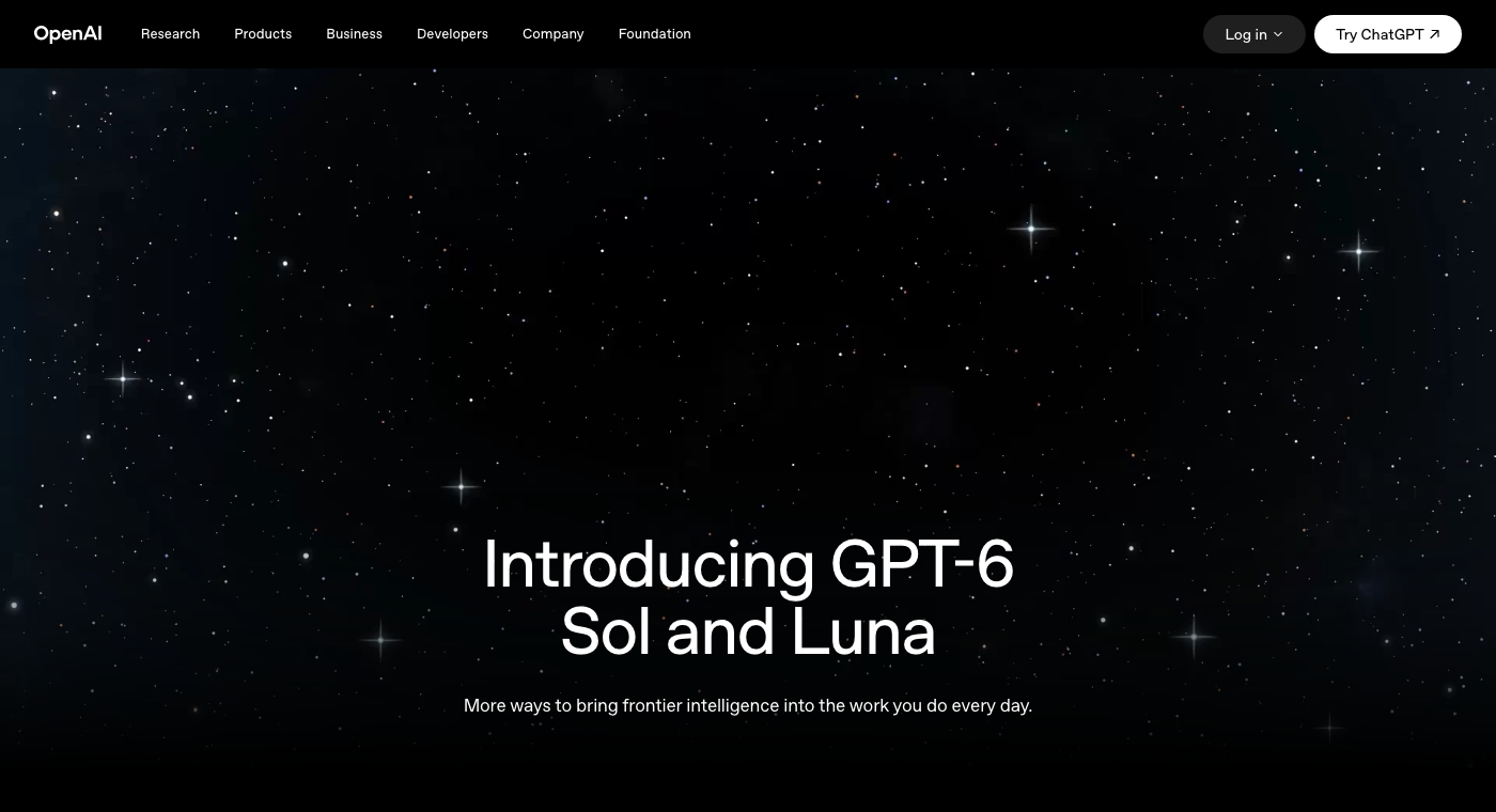 Aankondigingspagina van GPT-6 Sol en Luna op de website van OpenAI