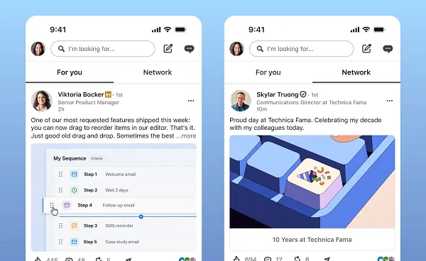 Twee telefoonschermen met de LinkedIn-feed: links de tab Voor jou, rechts de nieuwe tab Netwerk