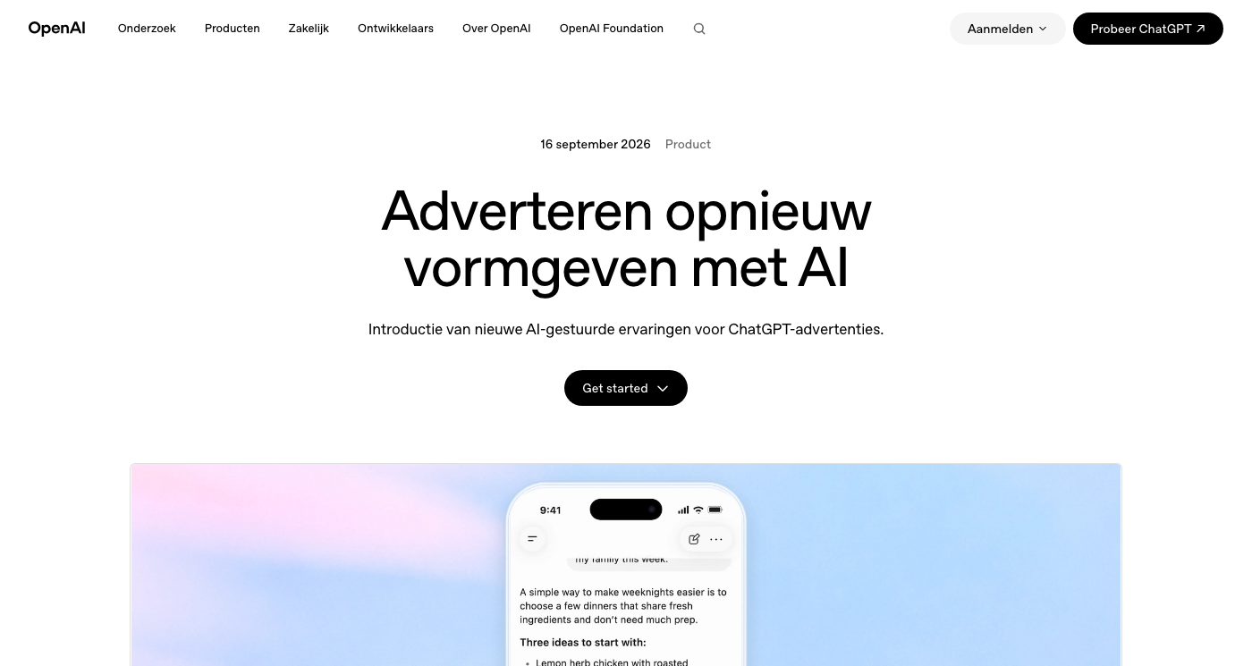 Productpagina van OpenAI over de nieuwe AI-gestuurde advertenties in ChatGPT