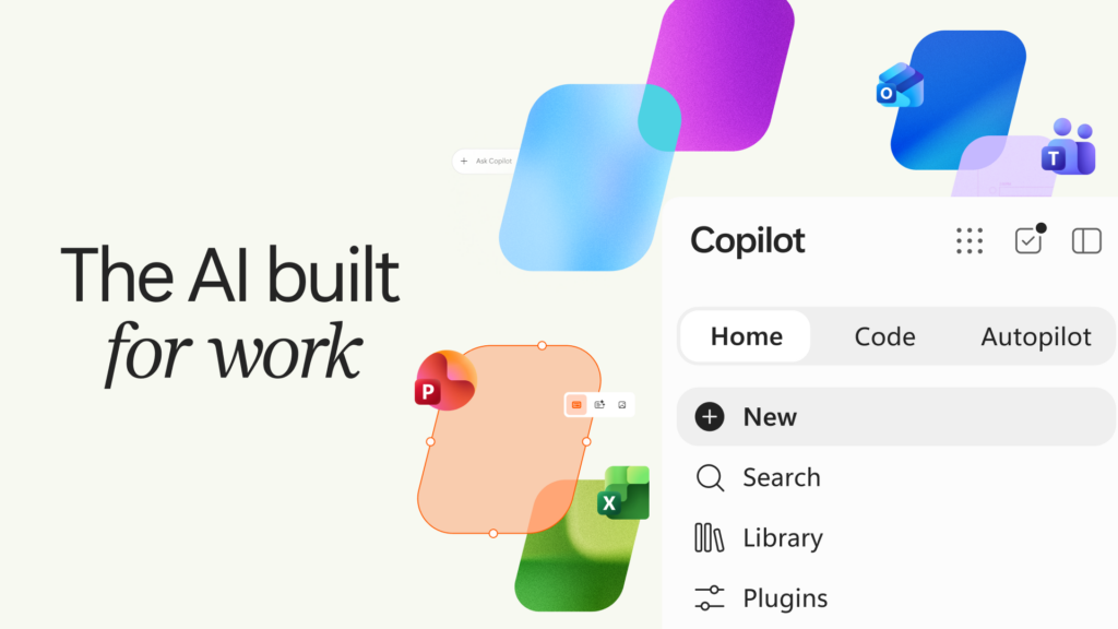 Aankondigingsbeeld van de nieuwe Microsoft Copilot met Home, Code en Autopilot