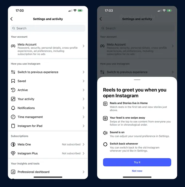 Instagram-instellingen met de optie om de app in Reels te openen