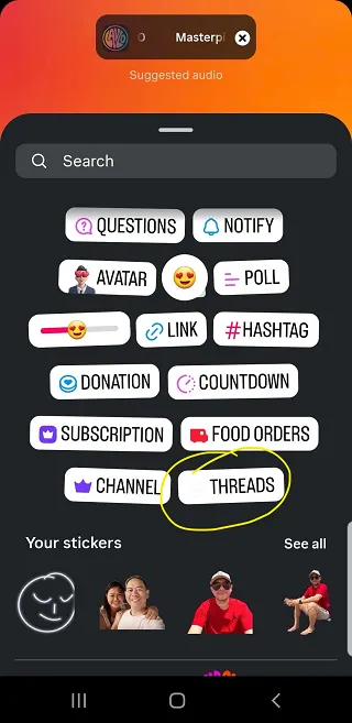 Stickermenu in Instagram Stories met de nieuwe Threads-sticker