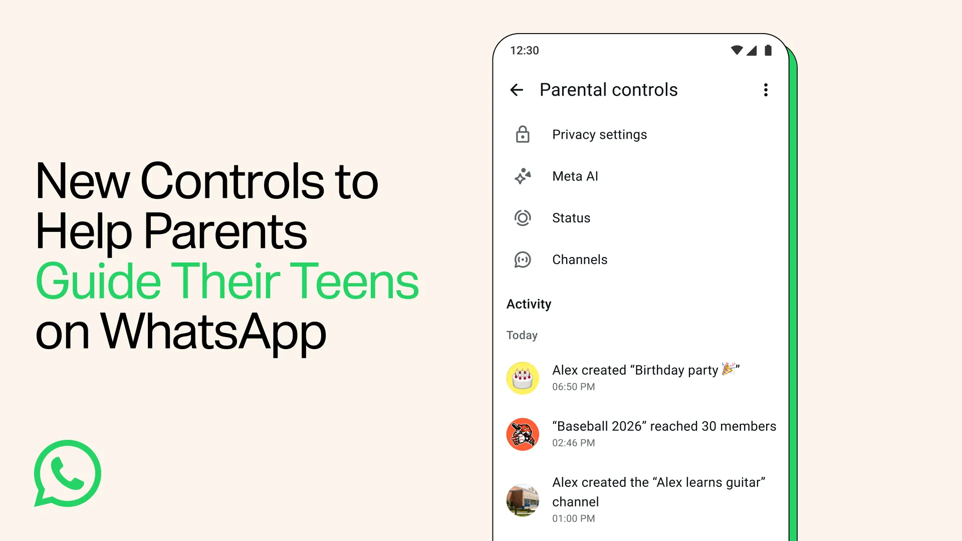 Aankondigingsbeeld van WhatsApp met het nieuwe scherm Parental controls