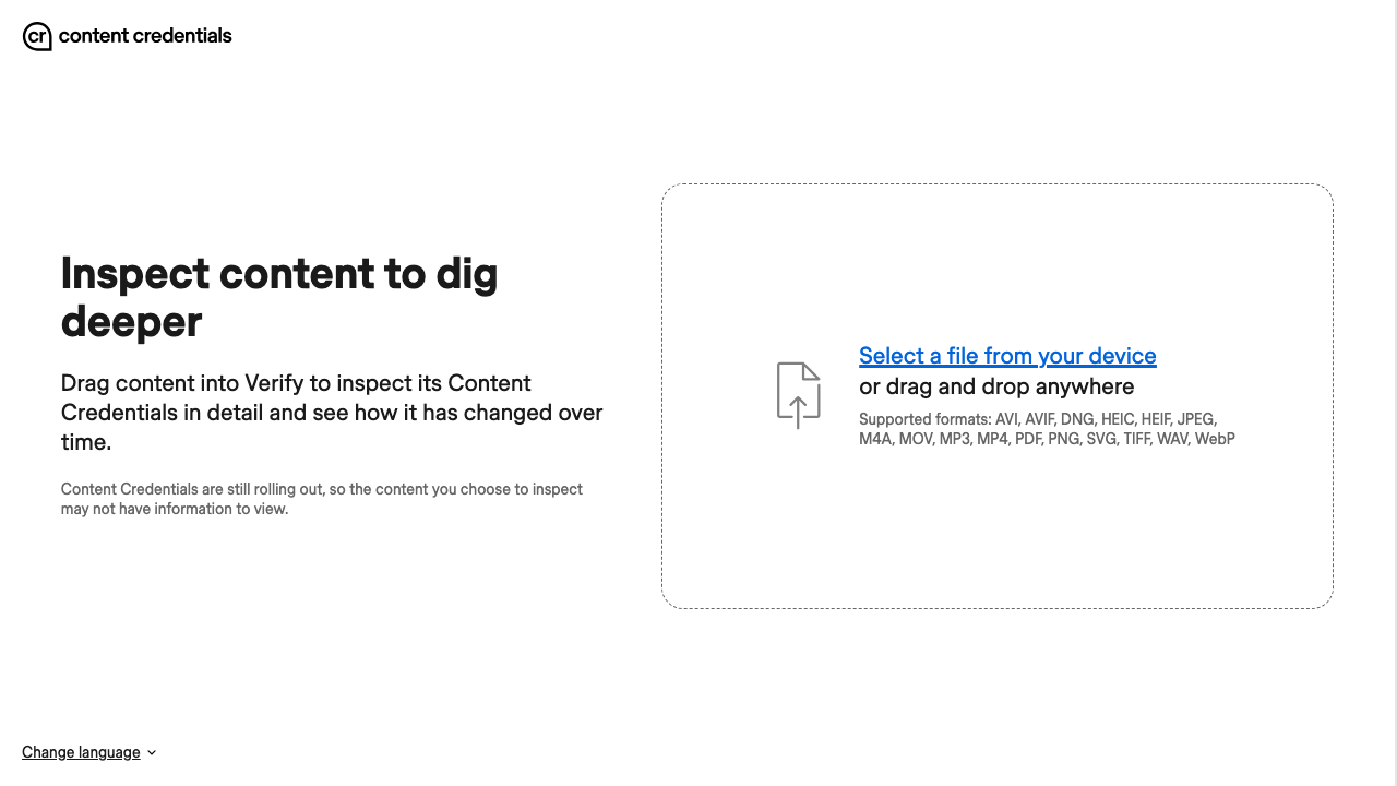 Content Credentials Verify: een gratis webpagina waar je een beeld in sleept om de herkomstgegevens te bekijken