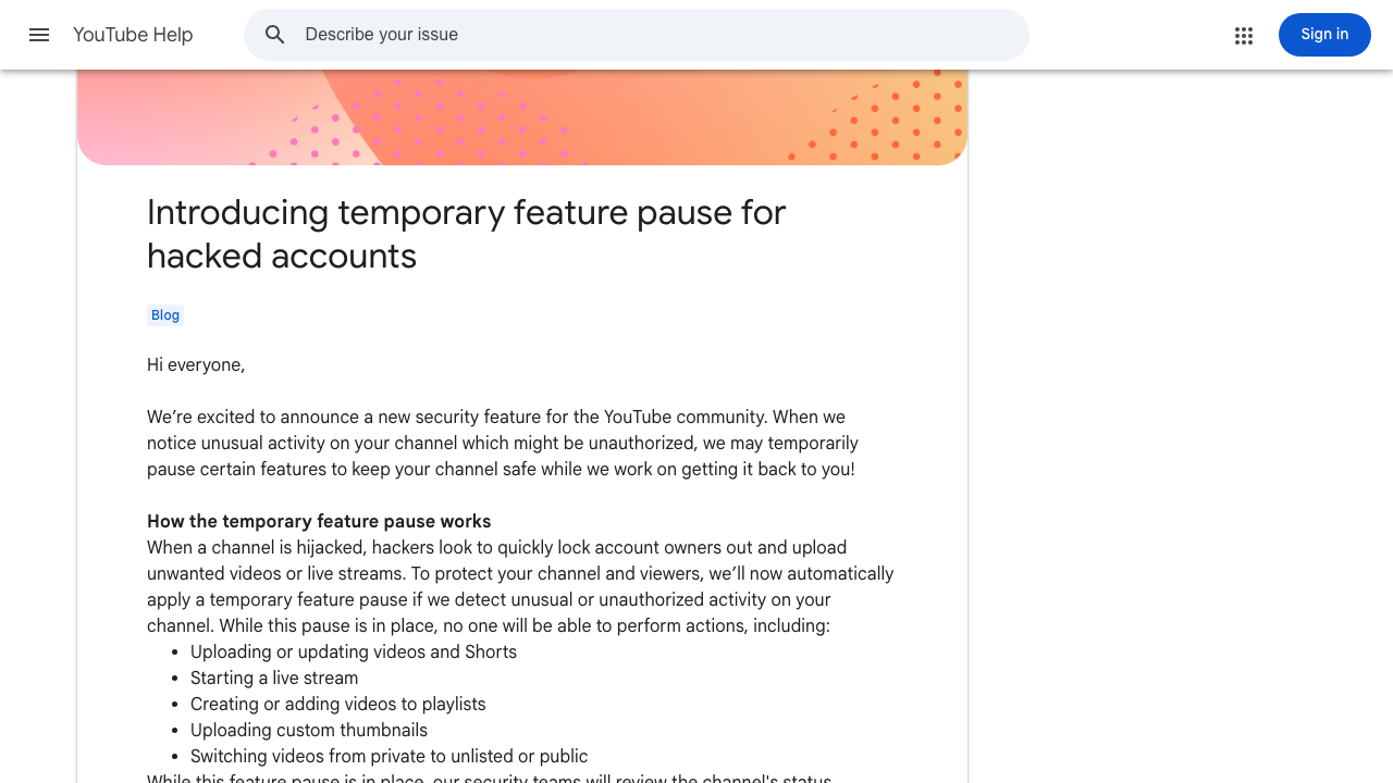 Screenshot van het YouTube Help-bericht over de tijdelijke functiepauze voor gehackte accounts
