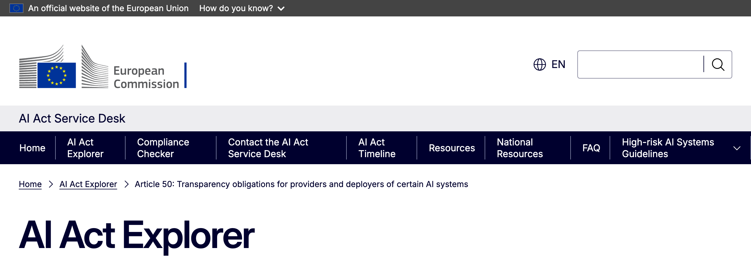 Artikel 50 van de EU AI Act op de officiële AI Act Service Desk van de Europese Commissie