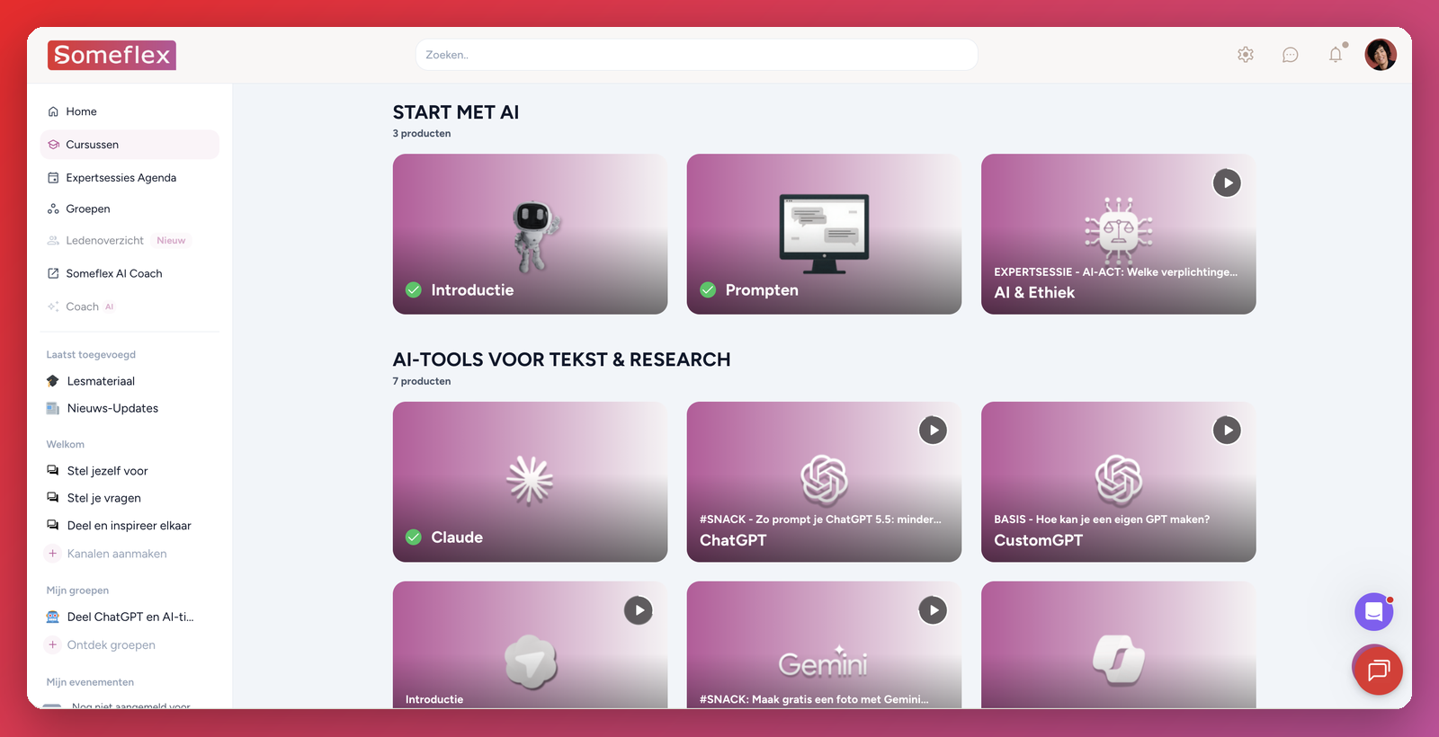 Het Someflex-leerplatform: cursussen, Someflex AI Coach en expertsessies in één overzicht
