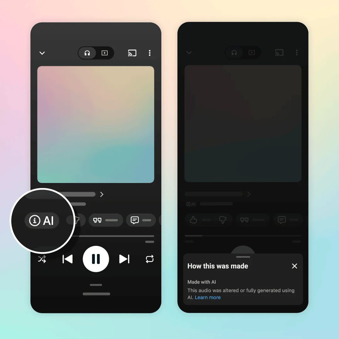 Twee schermen van de YouTube Music-app met het nieuwe AI-label en de uitleg 'Made with AI' onder een nummer
